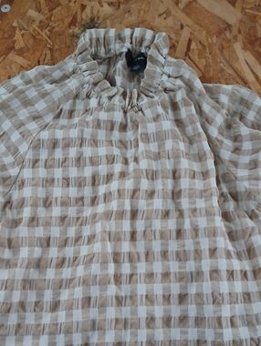 Vero Moda Beige and White Gingham Ruffle-Neck Blouse